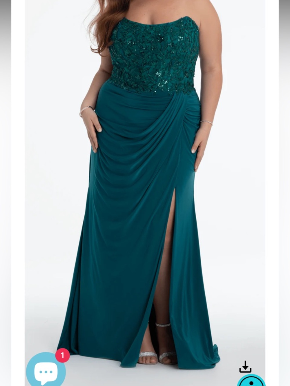 Camille La Vie Teal Strapless Beaded Evening Gown